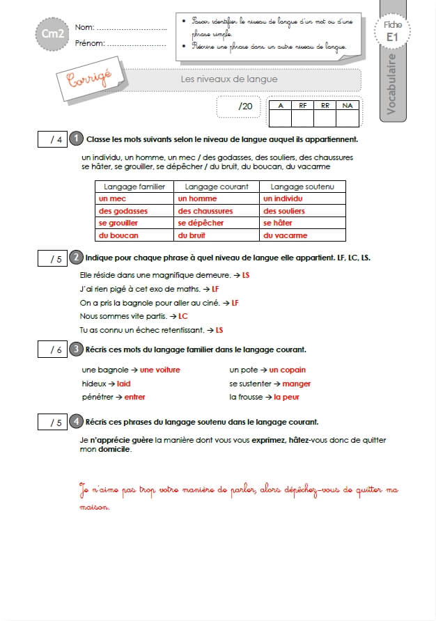 evaluation  cont u00f4le et bilan de vocabulaire cm2  les niveaux de langue