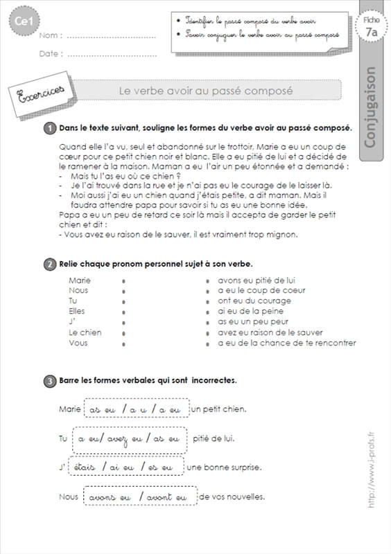 Ce1 Exercices Passe Compose Du Verbe Avoir