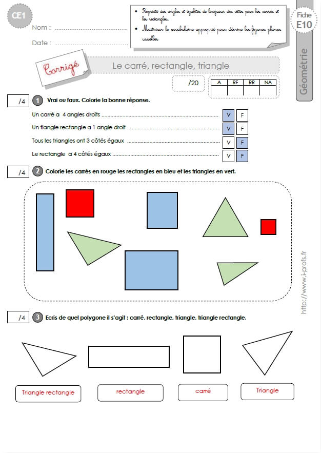 Ce1 Evaluation Le Carre Rectangle Triangle Et Triangle Rectangle En Ce1 Cycle 2