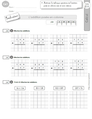 CE1-cycle2 EVALUATIONS CORRIGEES: L'addition posée avec et ...