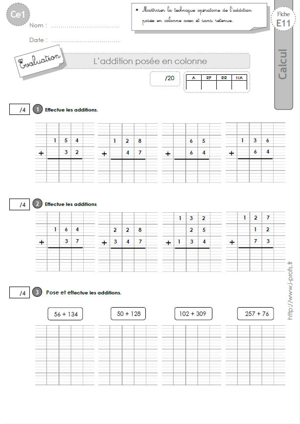 Ce1 Cycle2 Evaluations Corrigees L Addition Posee Avec Et Sans Retenue