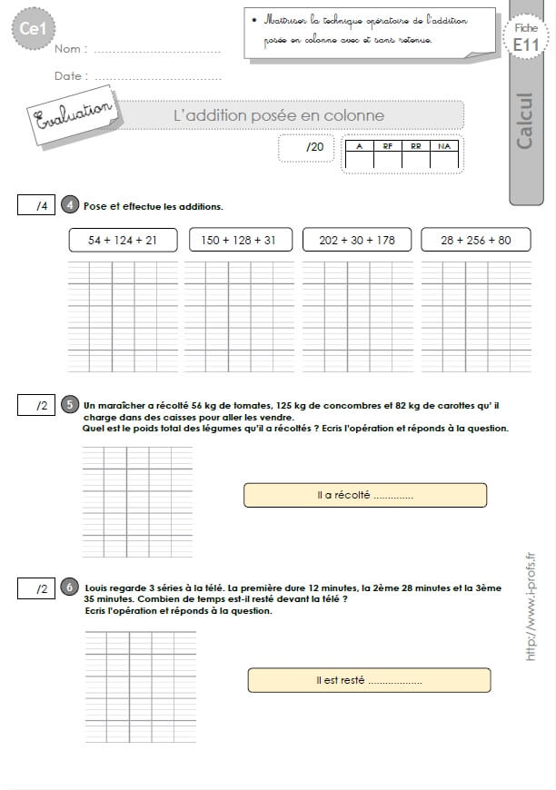 Ce1 Cycle2 Evaluations Corrigees L Addition Posee Avec Et Sans Retenue