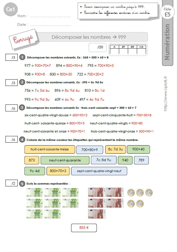 Ce1 Cycle2 Evaluations Corrigees Décomposer Les Nombres Jusquà 999