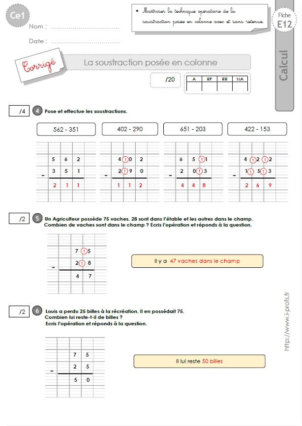 CE1-cycle2 EVALUATIONS CORRIGEES: La soustraction posée avec et sans retenue