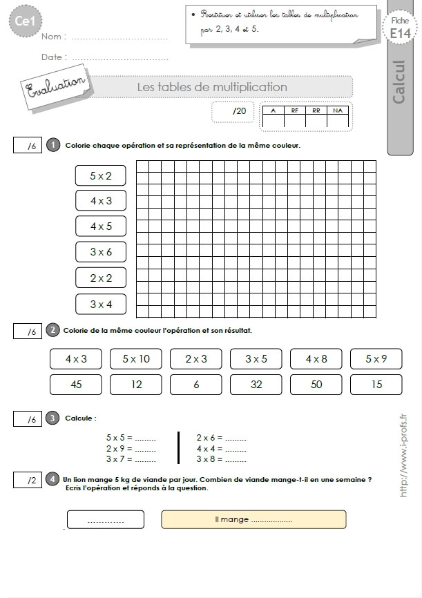 Ce1 Cycle2 Evaluations Corrigees Les Tables De Multiplication