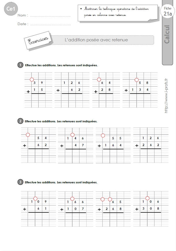 Ce1 Cycle2 Exercices Corriges L Addition Posee Avec Retenue