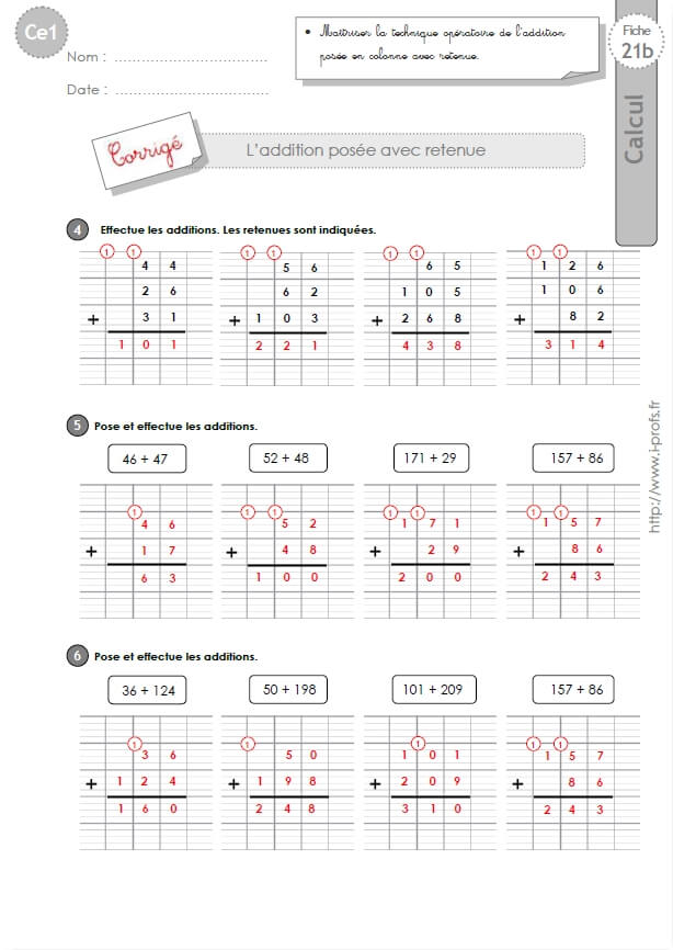 CE1cycle2 EXERCICES CORRIGES L'addition posée avec retenue