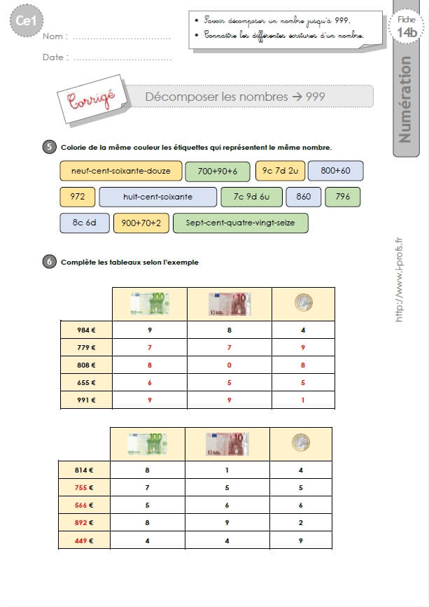 Ce1 Cycle2 Exercices Corriges Décomposer Les Nombres Jusquà 999