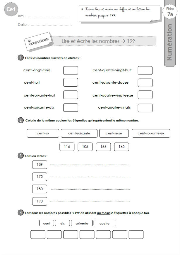 Ce1 Cycle2 Exercices Corriges Lire Et Ecrire Les Nombres Jusqu A 199