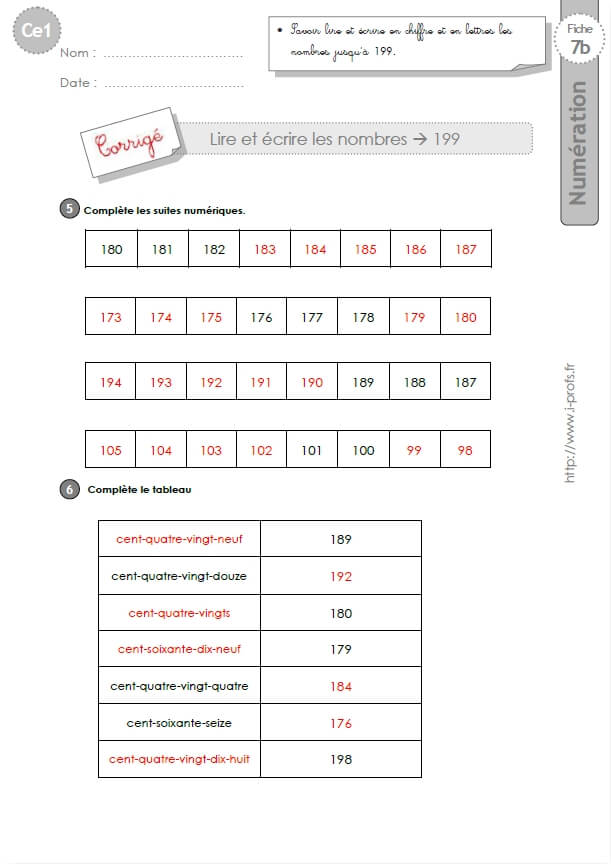 Ce1 Cycle2 Exercices Corriges Lire Et écrire Les Nombres Jusquà 199