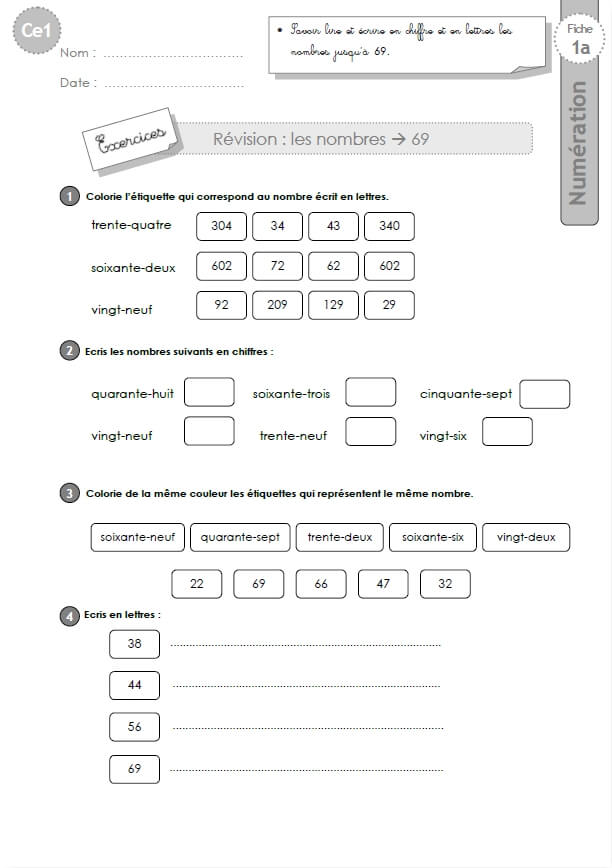 Écrire Les Nombres En Lettres Ce1 Exercices 534