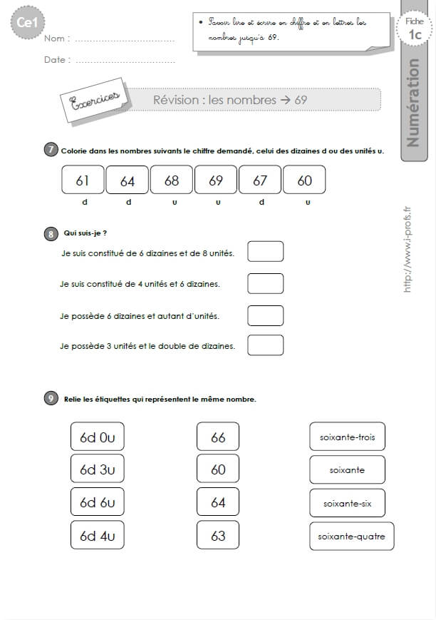 Ce1 Cycle2 Exercices Corriges Lire Et écrire Les Nombres Jusquà 69