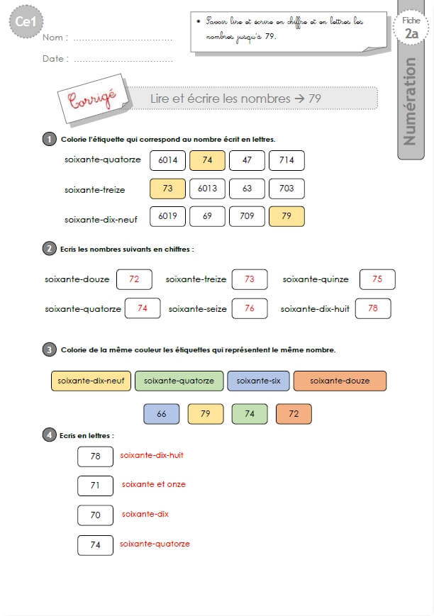 Ce1 Cycle2 Exercices Corriges Lire Et écrire Les Nombres Jusquà 79