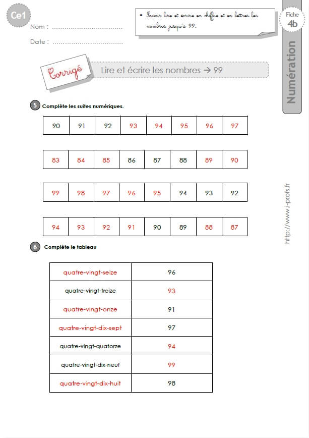 Ce1 Cycle2 Exercices Corriges Lire Et écrire Les Nombres Jusquà 99