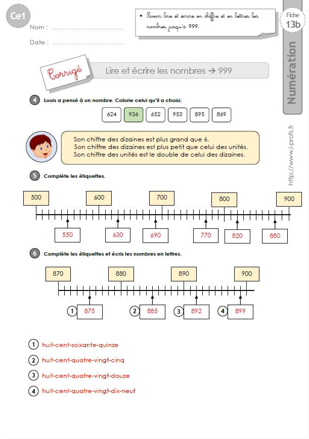 Ce1 Cycle2 Exercices Corriges Lire Et écrire Les Nombres Jusquà 999