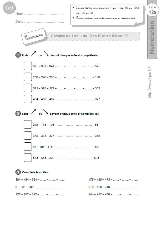 Ce1 Cycle2 Exercices Corriges Iterer Une Suite De 1 En 1 10 En 10 Et De 100 En 100