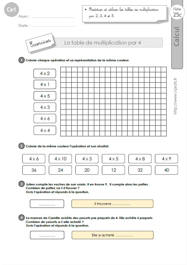 Fiches d'exercices sur les tables de multiplication