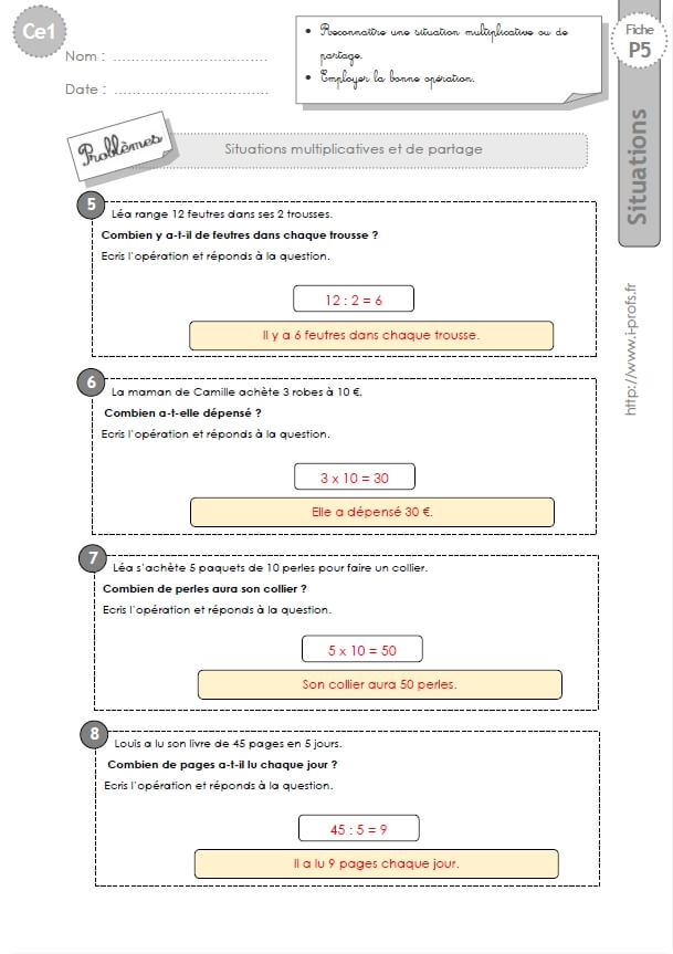 Ce1 Cycle2 Problemes Corriges Multiplication Et Partage