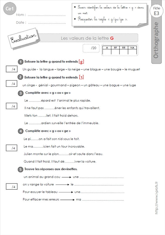 Ce1 La Lettre G Evaluation