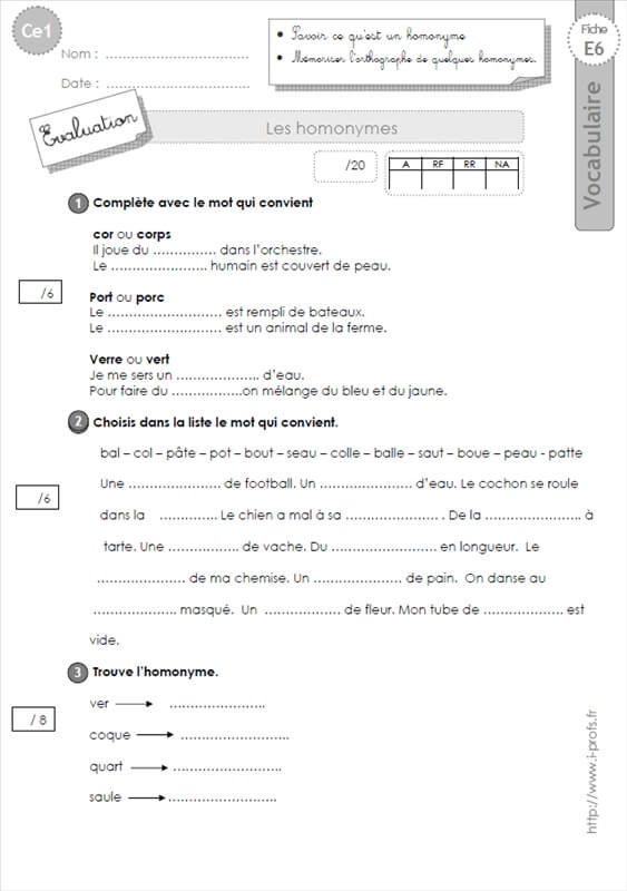 Ce1 Evaluation Les Homonymes Vocabulaire