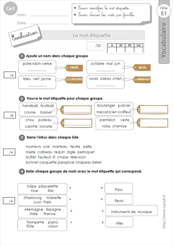 Ce1 Evaluation Les Mots Etiquettes Vocabulaire