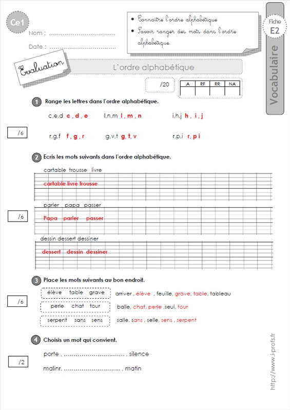 Lecon Ce1 Ordre Alphabetique