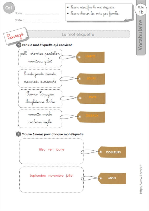 Ce1 Vocabulaire Fiches I Profs