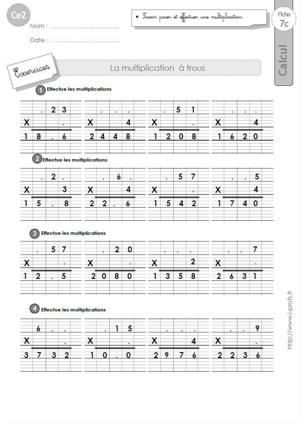 CE2 EXERCICES corrigés Technique opératoire de la Multiplication