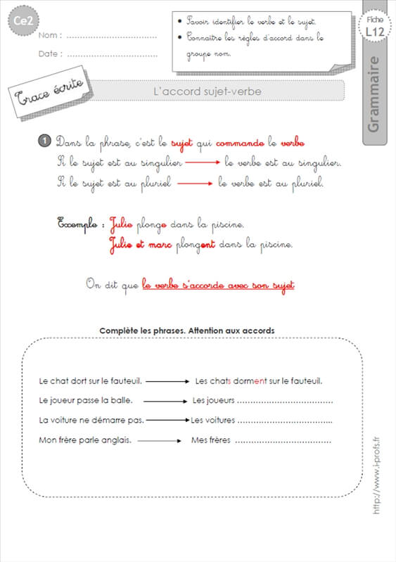 Ce2 L accord Sujet Verbe GRAMMAIRE