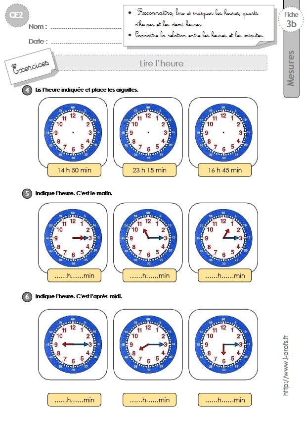 Ce2 Mesures Et Grandeurs Exercices Lire L Heure