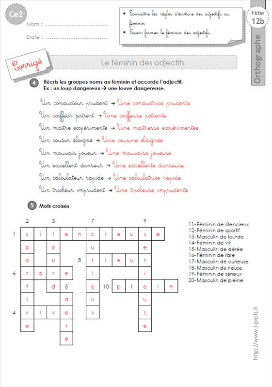 Lean grain Be satisfied ce2: exercices féminin des adjectifs ORTHOGRAPHE