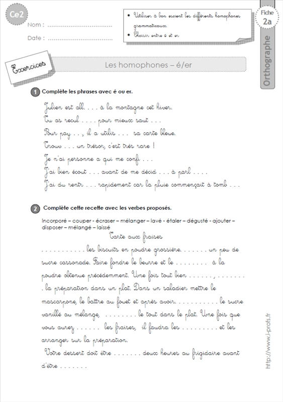 Ce2 Exercices Homophones E Er Orthographe