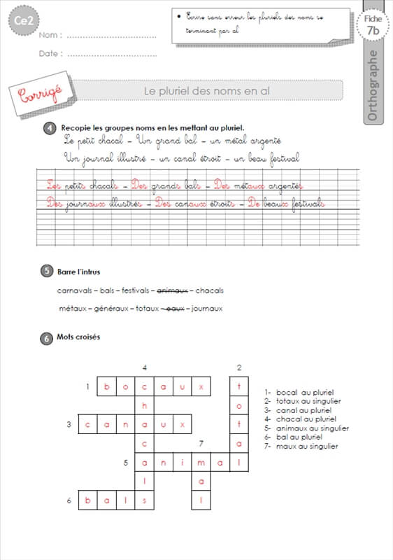 Ce2 Pluriel Des Noms En Al Orthographe