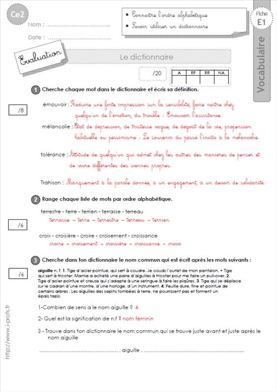 Ce2 Recherche Dans Le Dictionnaire Evaluation