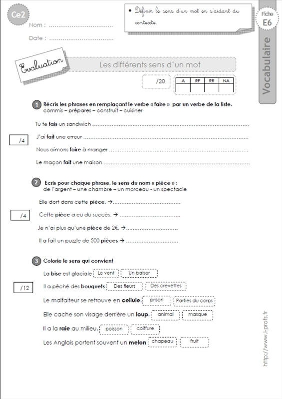 ce2 les différents sens d'un mot - Evaluation