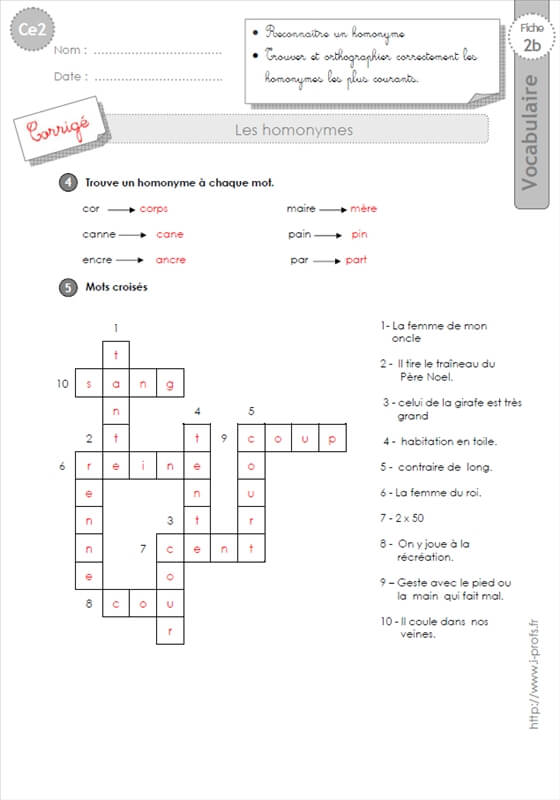 ce2 les Homonymes - Exercices
