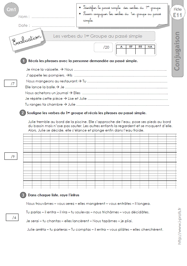 Cm1 Evaluation 1er Et 2eme Groupe Passe Simple