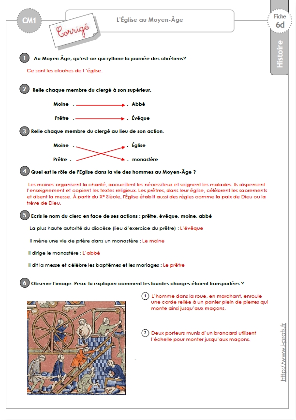 évaluation Moyen Age Cm1 Avec Correction EXERCICES CM: L'EGLISE au Moyen Âge