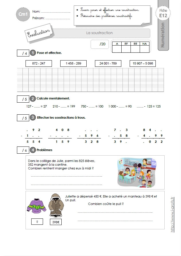 Cm1 Evaluation La Technique Operatoire De La Soustraction