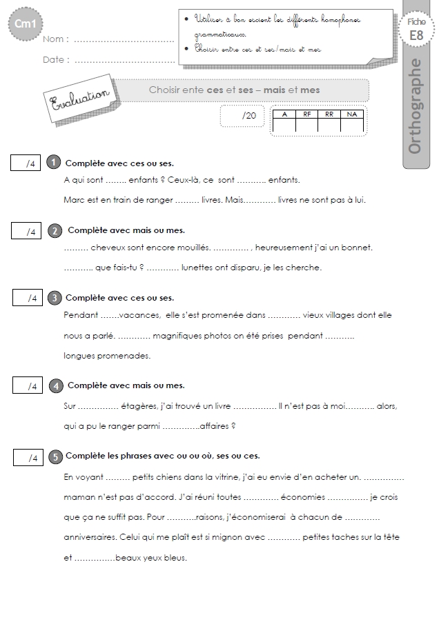 cm1: EVALUATION homophones ces-ses mes-mais