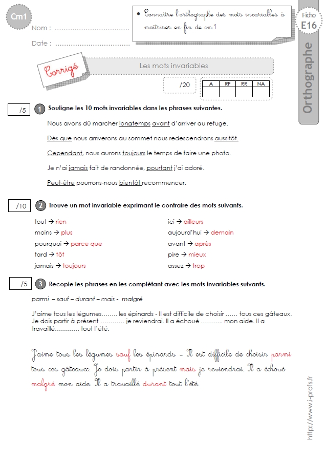 cm1:EVALUATION les mots invariables