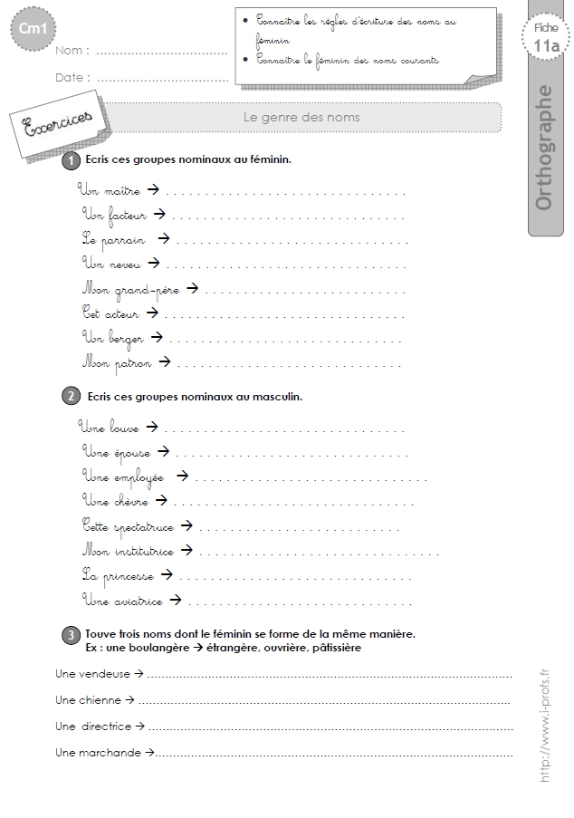 cm1: EXERCICES sur le genre des noms