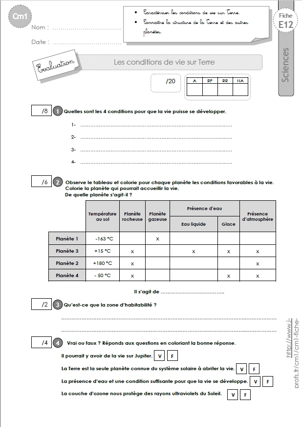 Cm1 Sciences Et Technologie Evaluation Conditions De Vie