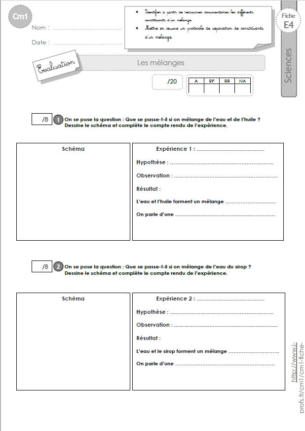 Cm1 Sciences Et Technologie Evaluation Les Melanges