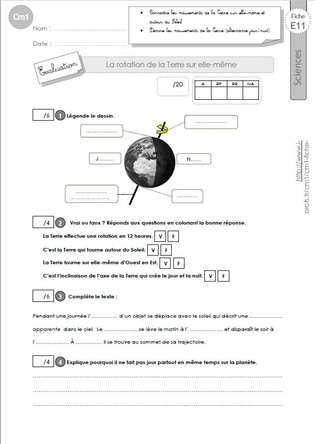 Cm1 Sciences Et Technologie Evaluations La Rotation De La