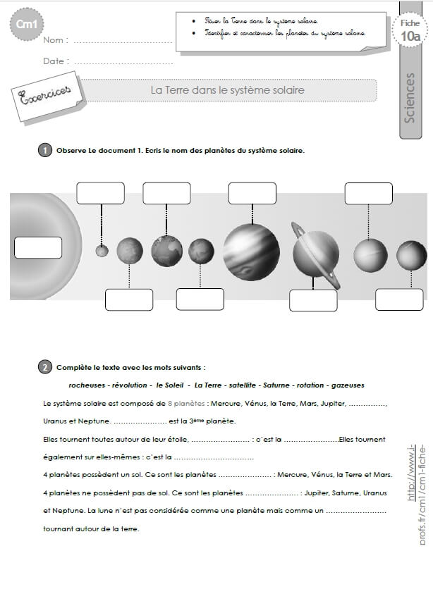 Cm1 Sciences Et Technologie Exercices La Terre Dans Le