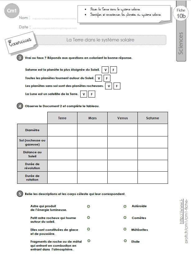 Cm1 Sciences Et Technologie Exercices La Terre Dans Le