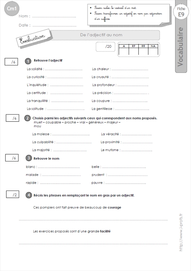 Evaluation VOCABULAIRE CM1: de l'adjectif au nom