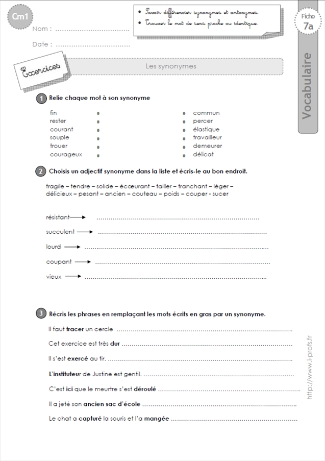 Exercices Vocabulaire Cm1 Les Synonymes