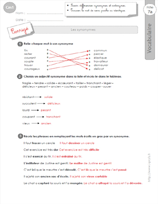 Exercices VOCABULAIRE CM1: les Synonymes